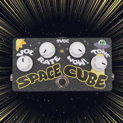Front view of FruitFX Space Cube Pedal on space background