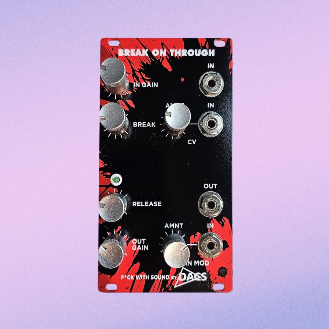 Front view of FwS Break On Through Limiter & Distorter Eurorack Synth Module on purple background