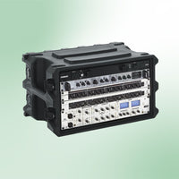 Sound mixing console with knobs and buttons on a green gradient background