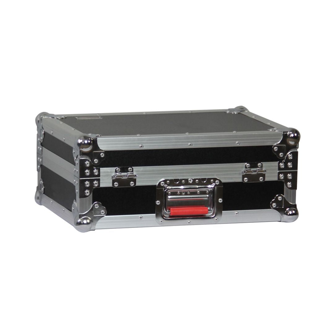 Black and silver flight case on a white background