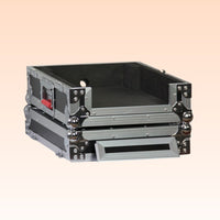 Stackable metal crates with black interior on a beige background