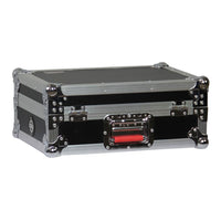 Black and silver flight case with red handle on a white background