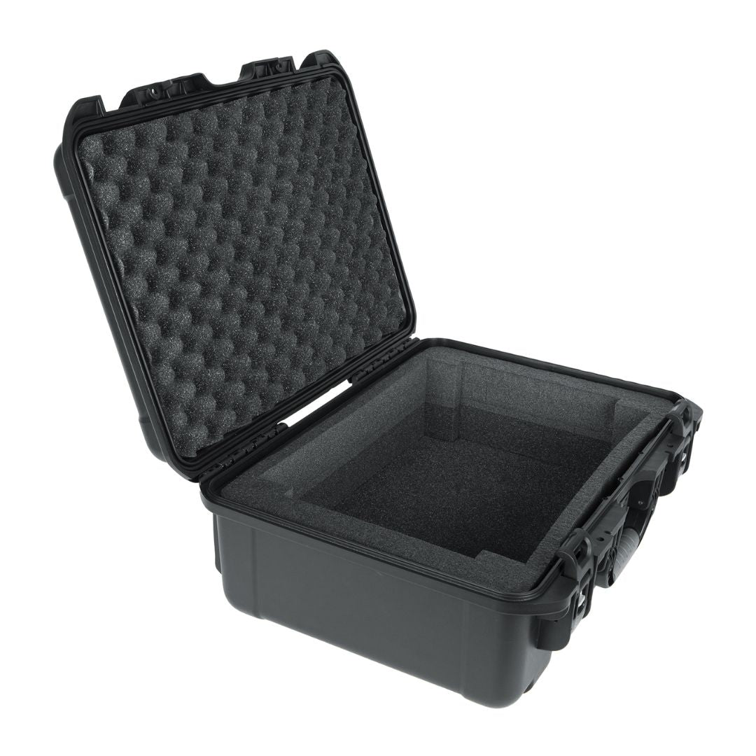 Black hard-shell protective case with foam interior on a white background
