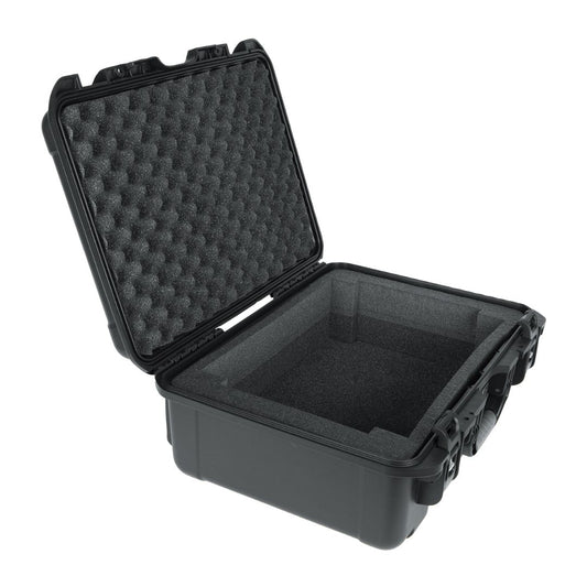 Black hard-shell protective case with foam interior on a white background