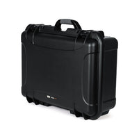Black hard-shell travel case on a white background