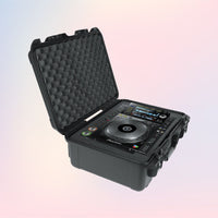 Black protective case with a Pioneer DJ player inside on a gradient background