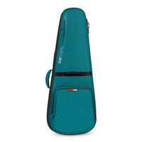 Teal guitar case with a visible brand logo on a white background