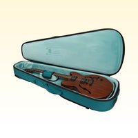 Open teal guitar case with a wooden electric guitar inside on a beige background