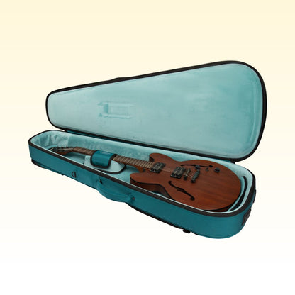 Open teal guitar case with a wooden electric guitar inside on a beige background