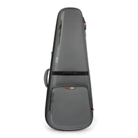 Gray guitar case with a brand logo on a white background