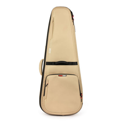 Beige guitar case with black accents on a white background