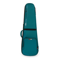 Teal guitar case with brand logo on a white background