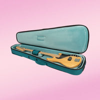 Teal guitar case with a yellow electric guitar on a pink gradient background