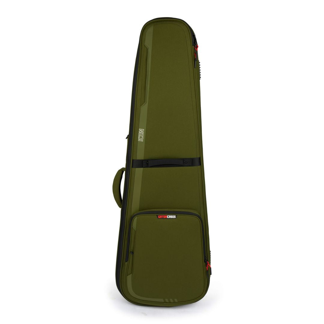 Green guitar case on a white background