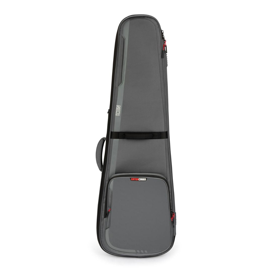 Gray guitar case with brand logo on a white background