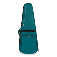 Teal guitar case with carrying handle on a white background