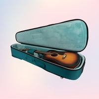 Guitar in a teal case on a gradient background