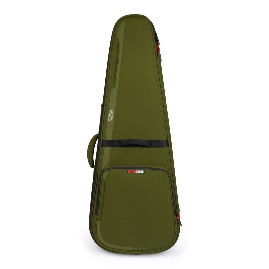 Green guitar case with a visible brand logo on a white background