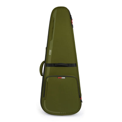 Green guitar case with a visible brand logo on a white background