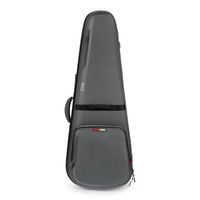 Gray guitar case with a brand logo on a white background