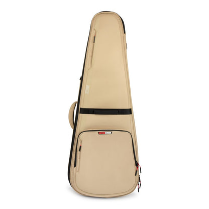 Beige guitar case with black accents on a white background
