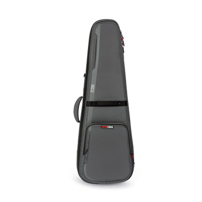 Gray guitar case with brand logo on a white background