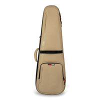Beige guitar case with a brand logo on a white background
