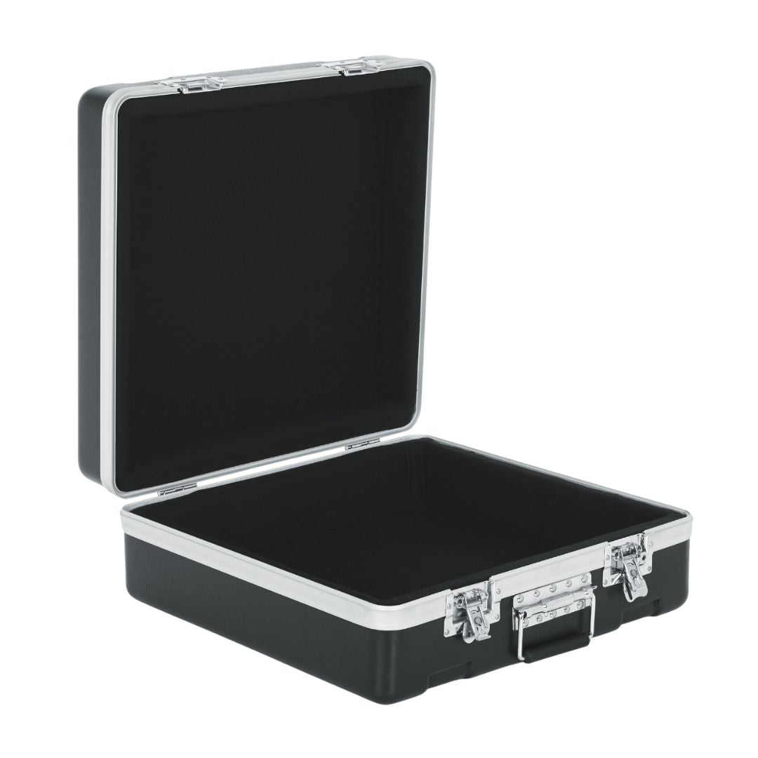 Black and silver hard-shell travel case on a white background