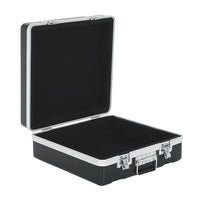 Black and silver hard-shell travel case on a white background