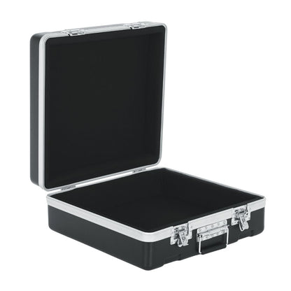 Black and silver hard-shell travel case on a white background