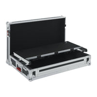 Black flight case with open lid on a white background