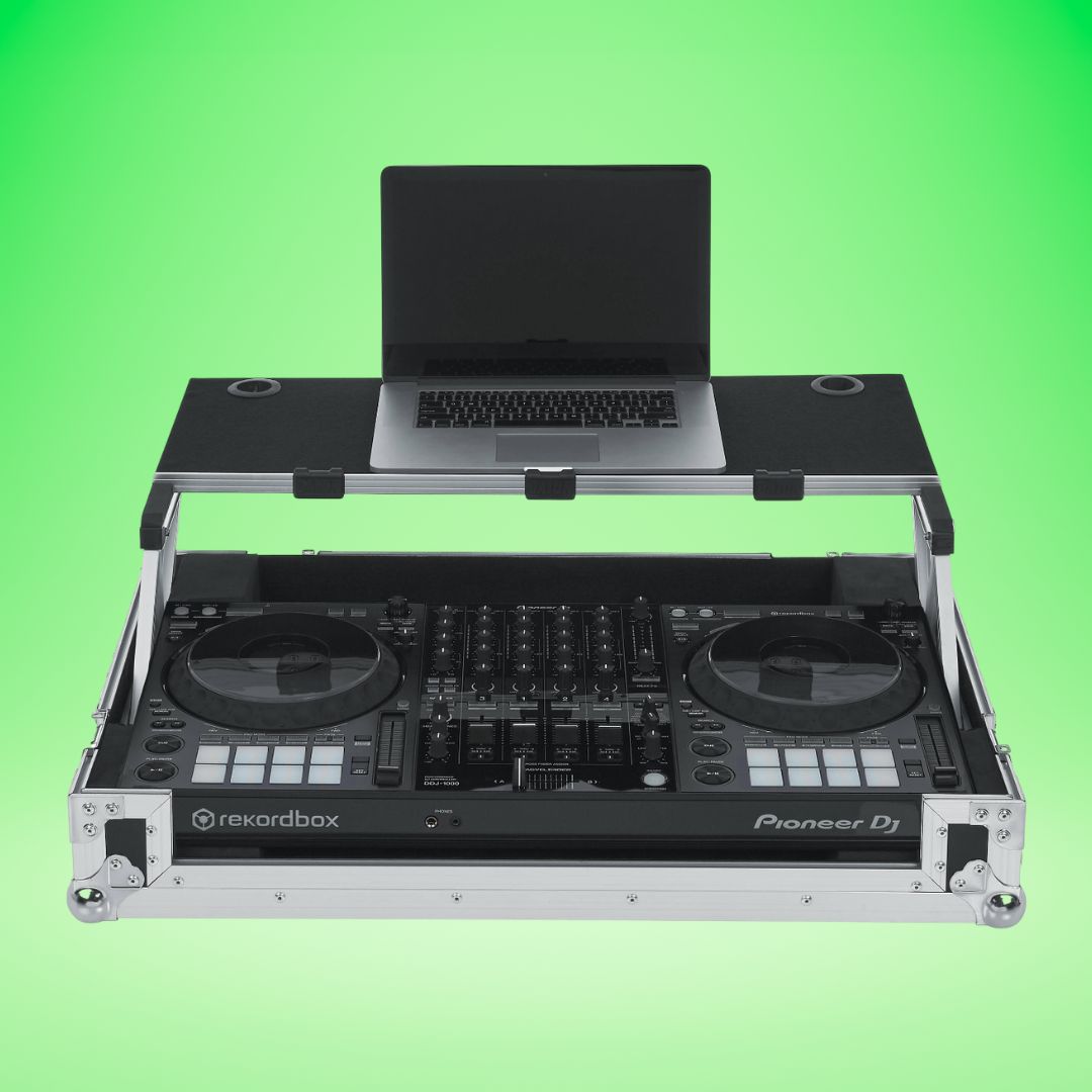 DJ equipment case with laptop on a green background