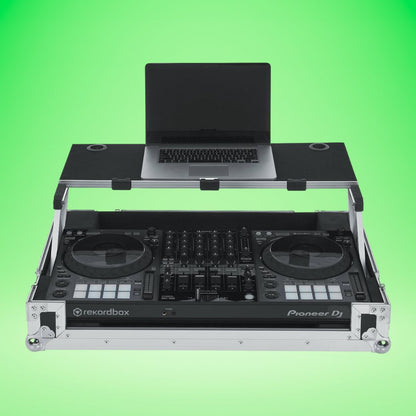 DJ equipment case with laptop on a green background