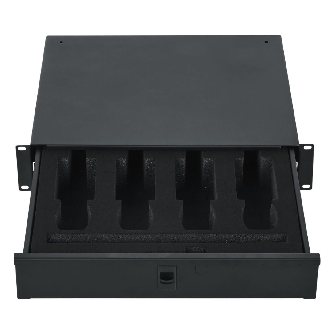 Black metal drawer with four compartments on a white background