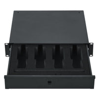Black metal drawer with four compartments on a white background