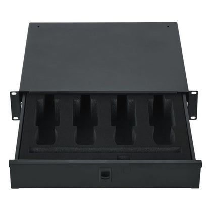 Black metal drawer with four compartments on a white background