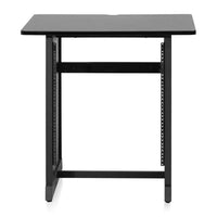 Black metal workbench with a rectangular top on a white background