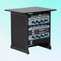 Black audio mixing console with control panels on a light blue background
