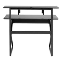 Black desk with two shelves on a white background