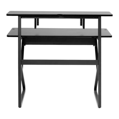 Black desk with two shelves on a white background