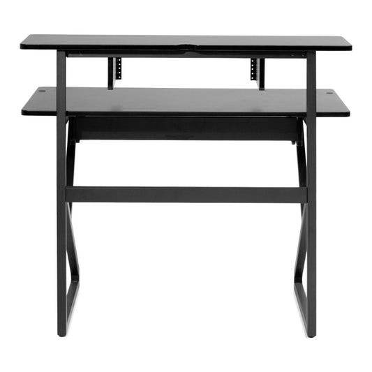 Black desk with two shelves on a white background