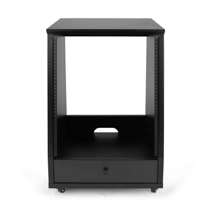 Black metal cabinet with a drawer on a white background