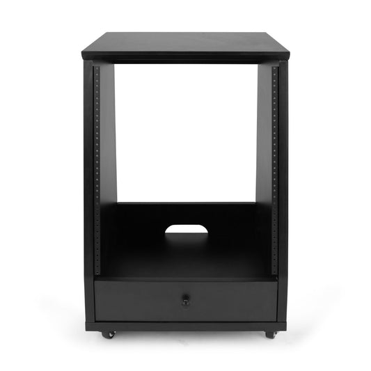 Black metal cabinet with a drawer on a white background
