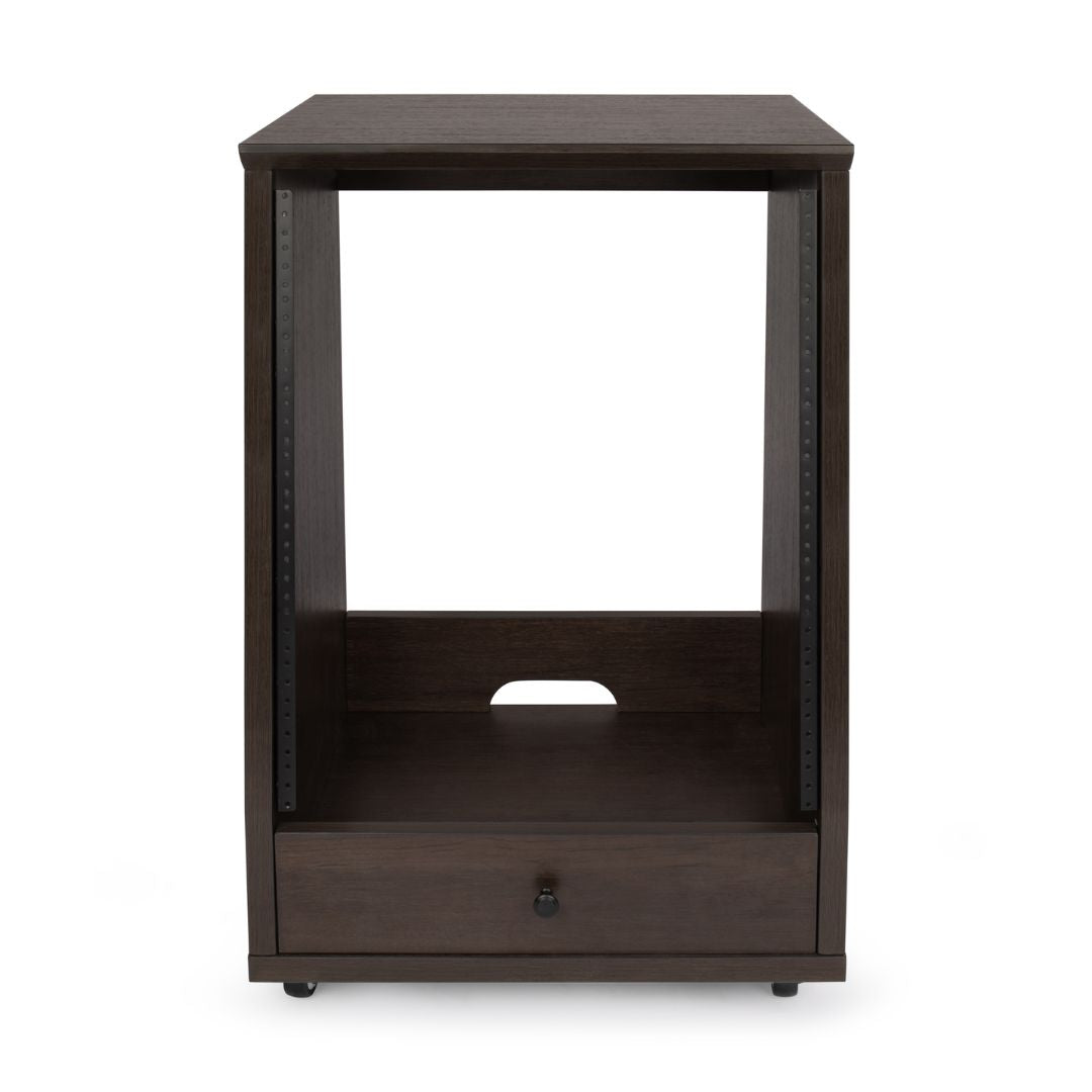 Dark wood side table with a drawer on a white background