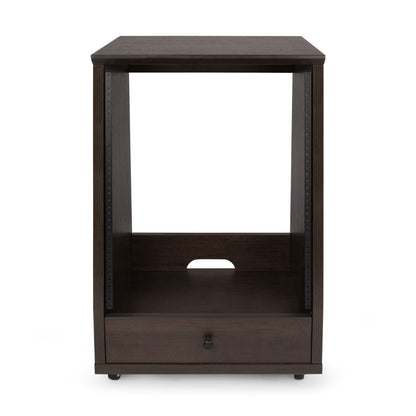Dark wood side table with a drawer on a white background