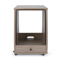 Wooden side table with a drawer and metal accents on a white background