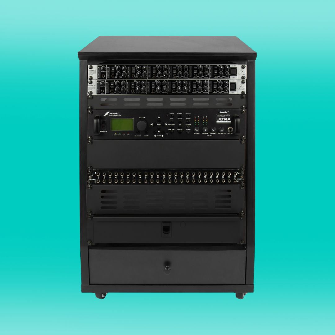 Black audio equipment rack on a gradient blue background