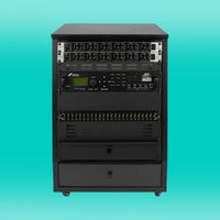 Black audio equipment rack on a gradient blue background