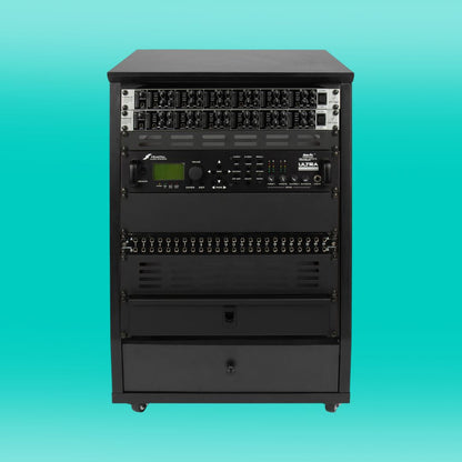 Black audio equipment rack on a gradient blue background