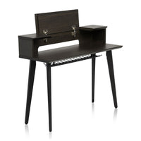 Black wooden desk with a shelf on a white background